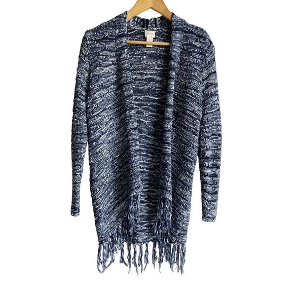 Chico's Spacedye Fringe Anniston Cardigan Size 1/ M Blue White Knit Open Tassel - Picture 1 of 9
